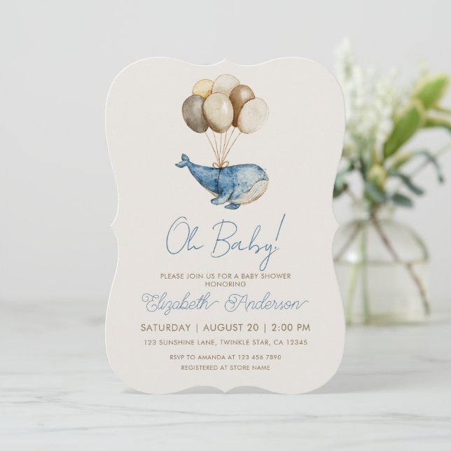 Invitation Dreamy Blue Whale and Balloons Boy Baby Shower (Debout devant)