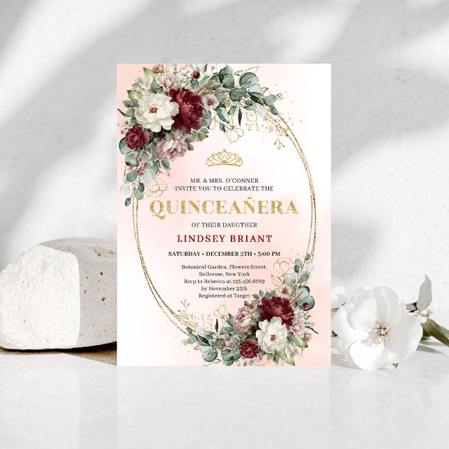 Invitation Dreamy Boho Burgundy Floral Eucalyptus Gold Quince (Dreamy Boho Burgundy Floral Eucalyptus Quince Invite)