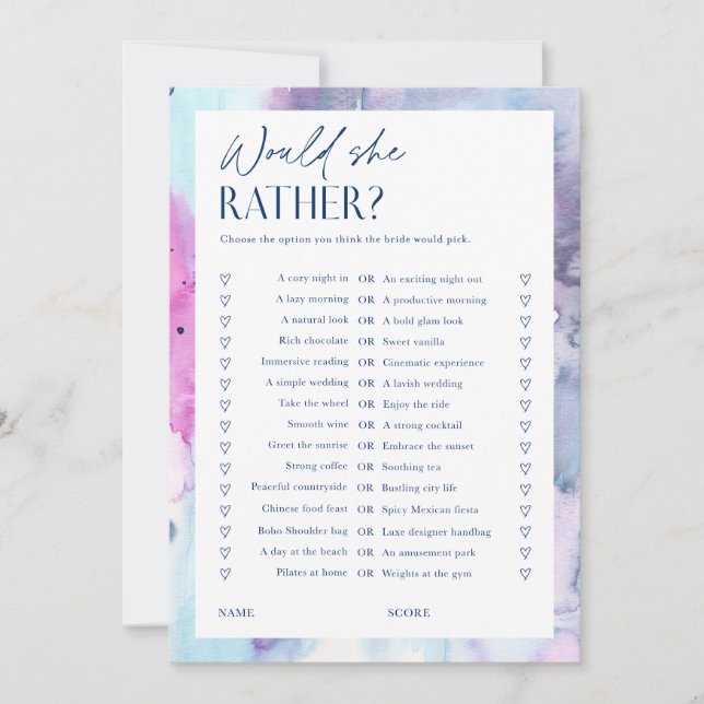 Invitation Dreamy Bridal Shower Would She Rather Game Card (Devant)