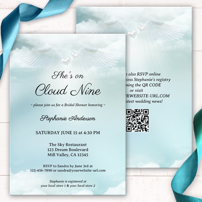 Invitation Dreamy Cloud Neuf Fête des mariées (A dreamy bridal shower invitation featuring fluffy clouds on a pastel blue sky with angel wings)