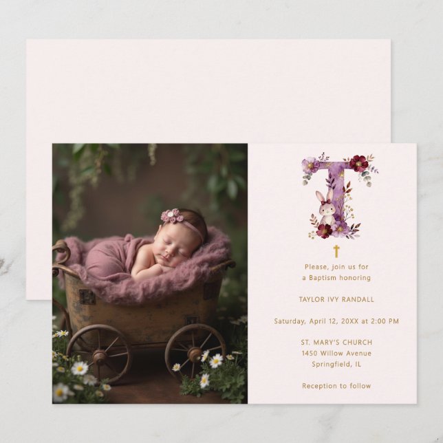 Invitation Dreamy Funny Bunny Romantic Floral T Baptism (Devant / Derrière)