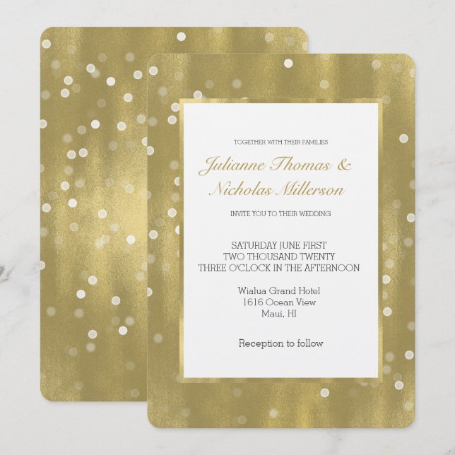 Invitation Dreamy Gold et White Confetti Bokeh Mariage (Devant / Derrière)