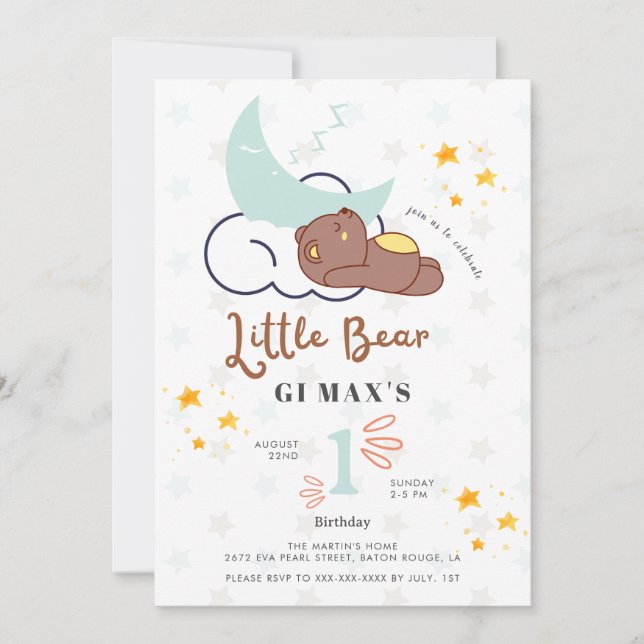 Invitation Dreamy Little Bear Cloud & Star Baby 1er anniversa (Devant)