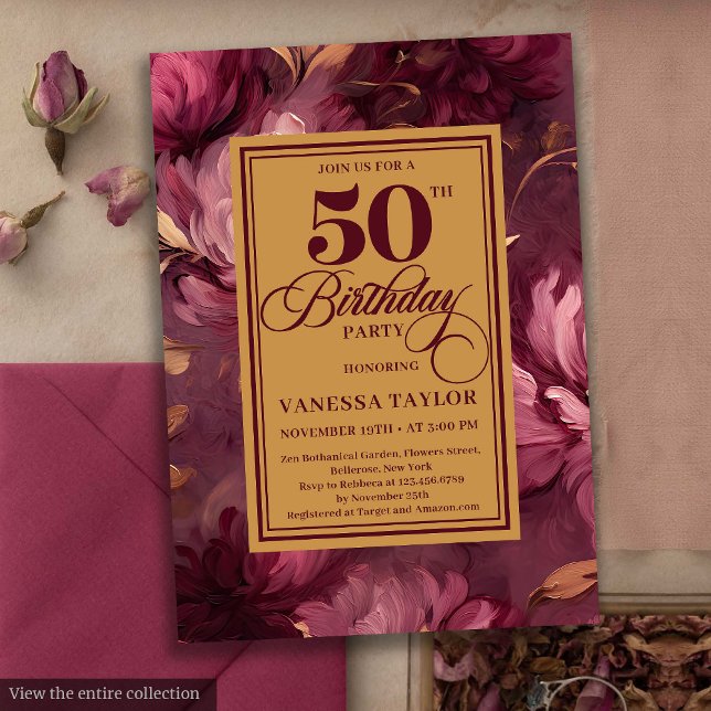Invitation Dreamy marsala blush or floral 50e anniversaire (Dreamy marsala blush gold floral 50th birthday invite

)