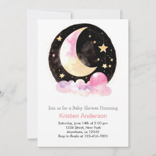 Invitation Dreamy Moon et étoiles Baby shower de fille rose