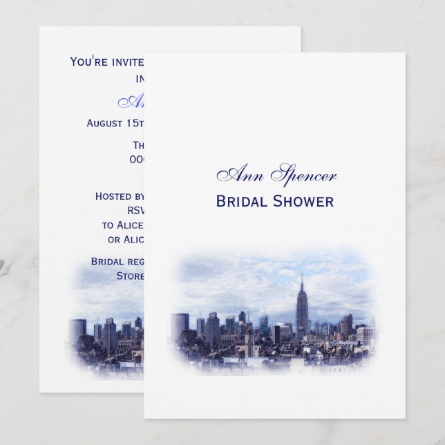 Invitation Dreamy Navy Blue NYC Skyline Bridal Shower V (Devant / Derrière)