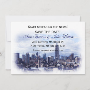 Invitation Dreamy Navy Blue NYC Skyline Enregistrer la date H
