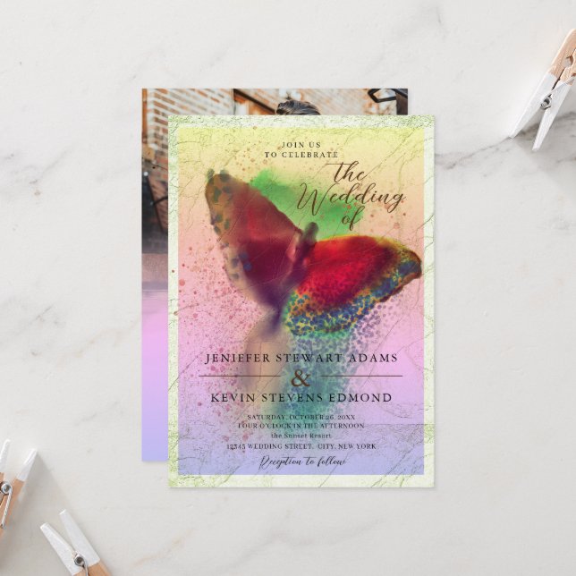 Invitation Dreamy Ombre Butterfly Photo Overlay Mariage (Devant/Arrière en situation)