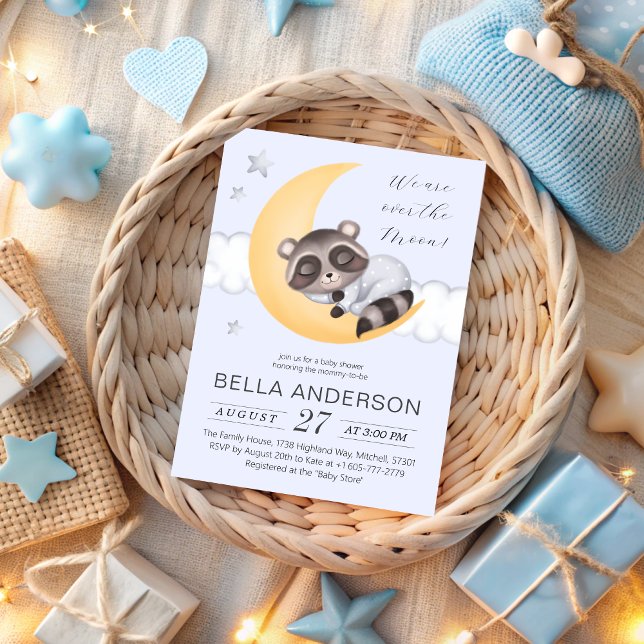 Invitation Dreamy Over the Moon Raccoon Boy Baby shower (Dreamy Over the Moon Raccoon Boy Baby Shower Invitation)