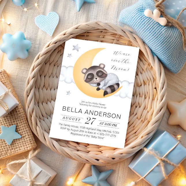 Invitation Dreamy Over the Moon Raccoon Boy Baby shower (Dreamy Over the Moon Raccoon Boy Baby Shower Invitation)