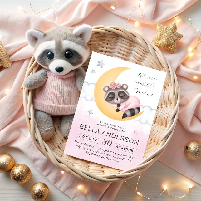 Invitation Dreamy Over the Moon Raccoon Girl Baby shower (Dreamy Over the Moon Raccoon Girl Baby Shower Invitation)