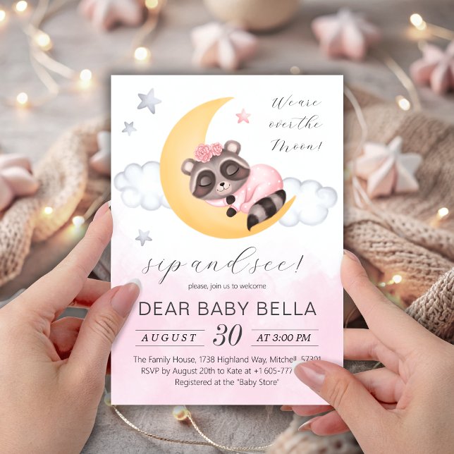 Invitation Dreamy Over the Moon Raccoon Girl Sip and See (Dreamy Over the Moon Raccoon Girl Sip and See Invitation)