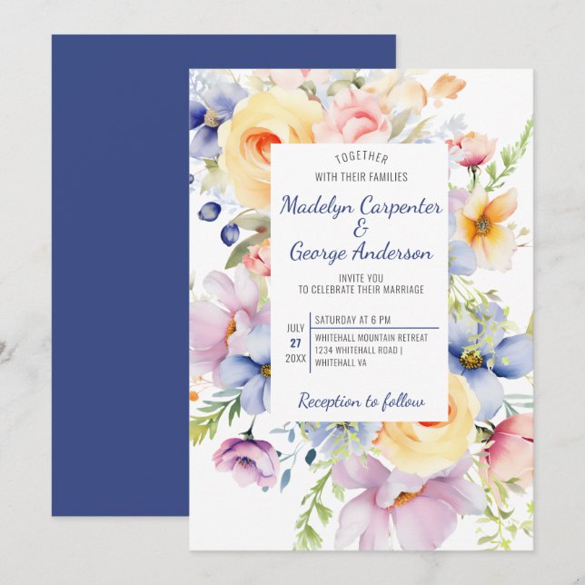 Invitation Dreamy Pastel Aquarelle Florals Mariage (Devant / Derrière)