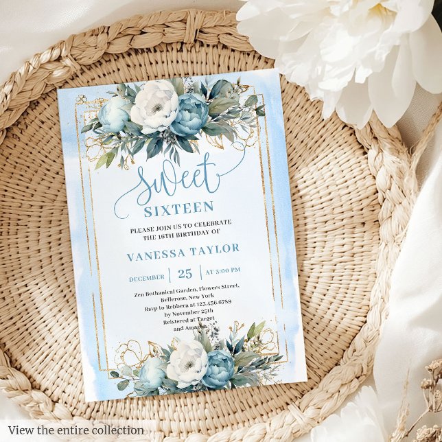 Invitation Dreamy Pastel Bleu Blanc Floral Sweet sixteen 16 (Dreamy Pastel Blue White Floral Sweet 16 Invitation)
