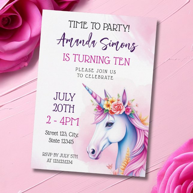 Invitation Dreamy Pastel Floral Unicorn Girl 10th Birthday (Créateur téléchargé)