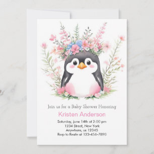 Invitation Dreamy Pingouin Rose Délicieux Baby shower fille