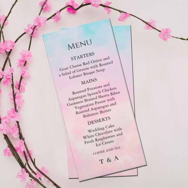 Invitation Dreamy Rainbow Unicorn aquarelle Menu (This bridal shower invitation features an arrangement of watercolor dreamy rainbow unicorns. )