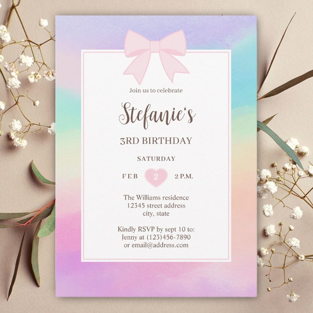 Invitation Dreamy Rainbow Watercolor Rose Bow Girl Anniversai (Créateur téléchargé)