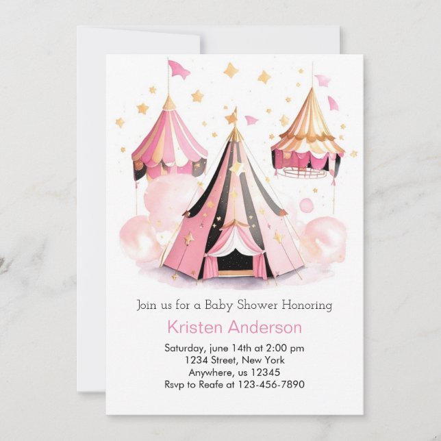 Invitation Dreamy Rose Grand Top Baby shower de fille de cirq (Devant)