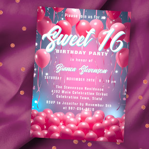 Invitation Dreamy Sky Pink Balloons Sweet 16 Anniversaire
