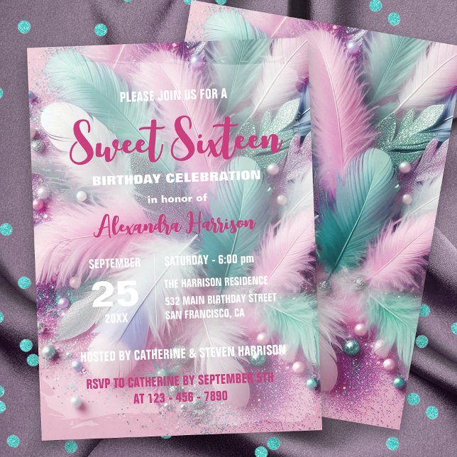 Invitation Dreamy Soft Pastel Feathers Sweet 16 Anniversaire (Créateur téléchargé)