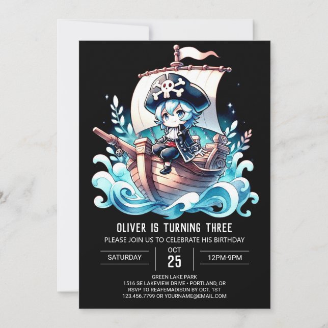 Invitation Dreamy Watercolor Pirate Anniversaire (Devant)