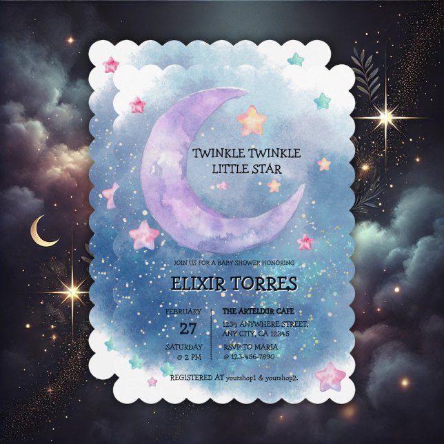 Invitation Dreamy Watercolor Twinkle Little Star Baby shower (Créateur téléchargé)