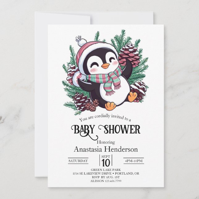 Invitation Dreamy Winter Penguin Baby shower (Devant)