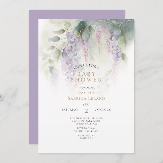 Invitation Dreamy Wisteria Aquarelle Baby shower Couple (Devant / Derrière)