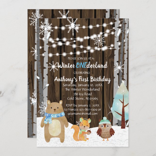 Invitation Dreamy Woodland Forest Animaux ONE derland Anniver (Devant / Derrière)