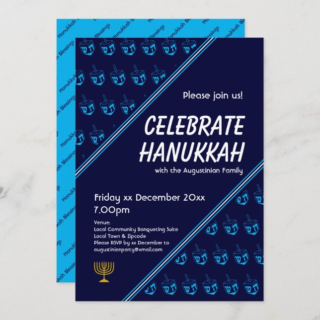 Invitation DREIDEL Bleu Moderne Personnalisé CÉLÉBRER HANOUKK (Devant / Derrière)