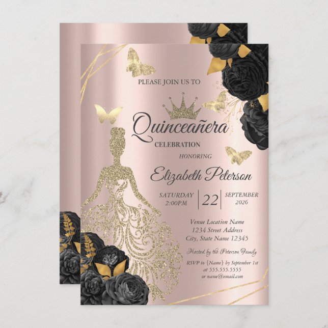 Invitation Dress,Butterfly Black Roses Rose Gold Quinceañera (Devant / Derrière)