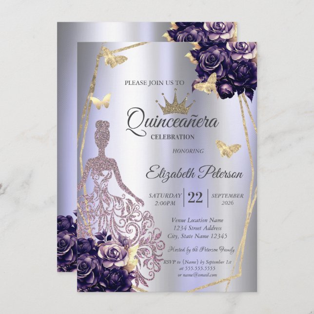 Invitation Dress,Butterfly Violet Roses Lavender Quinceañera (Devant / Derrière)