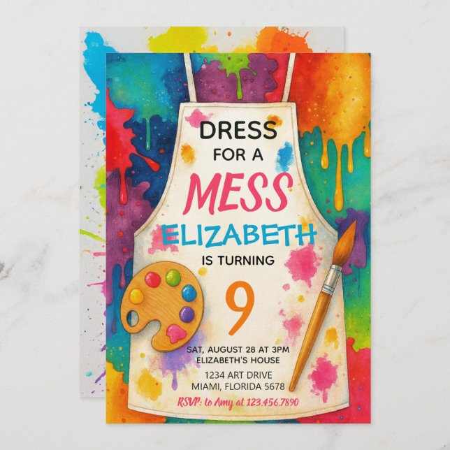 Invitation Dress for a Mess Art Party Birthday (Devant / Derrière)