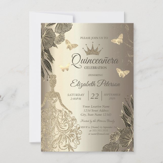 Invitation Dress,Gold Butterfllies Flowers Gold Quinceañera (Devant)