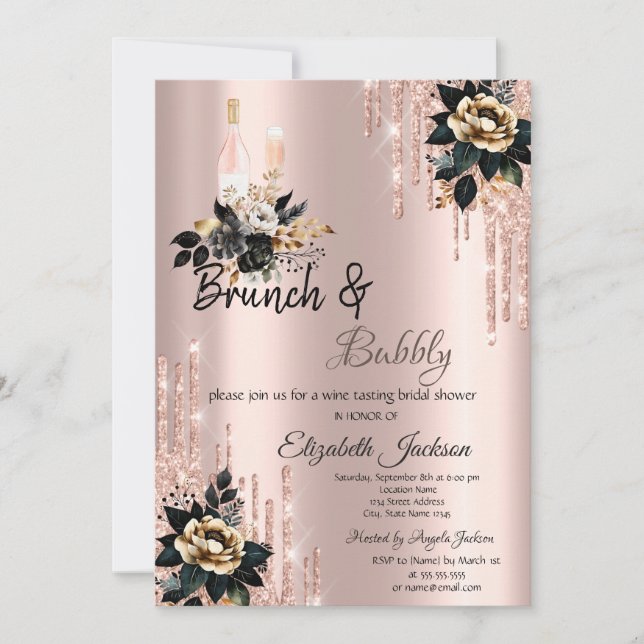 Invitation Drips Black Roses Brunch & Bubbly Shower de Mariée (Devant)