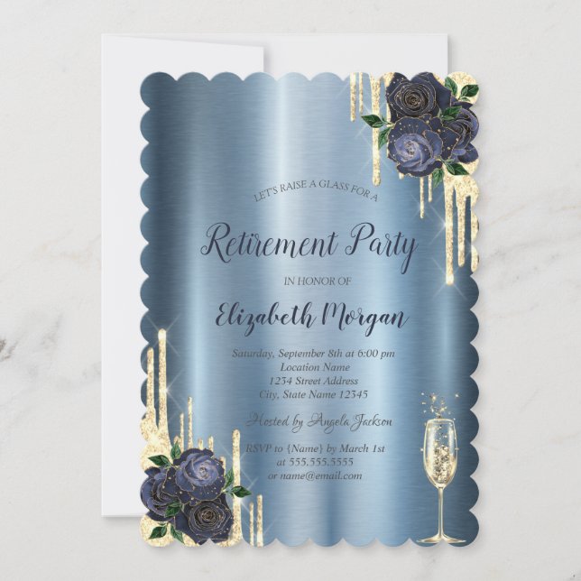 Invitation Drips,Navy Blue Roses Metallic Retraite   (Devant)