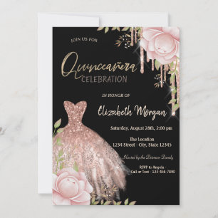 Invitation Drips Robe Fleurs Roses Noir Quinceañera