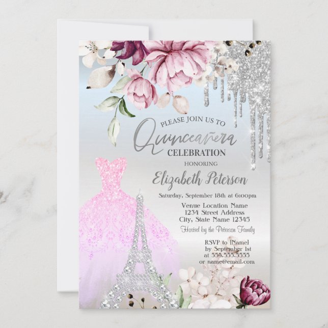 Invitation Drips, Robe, Tours Eiffel Roses Lilas Quinceañera (Devant)