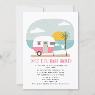 Invitation Drive À Travers Baby shower Pink Beach Camper