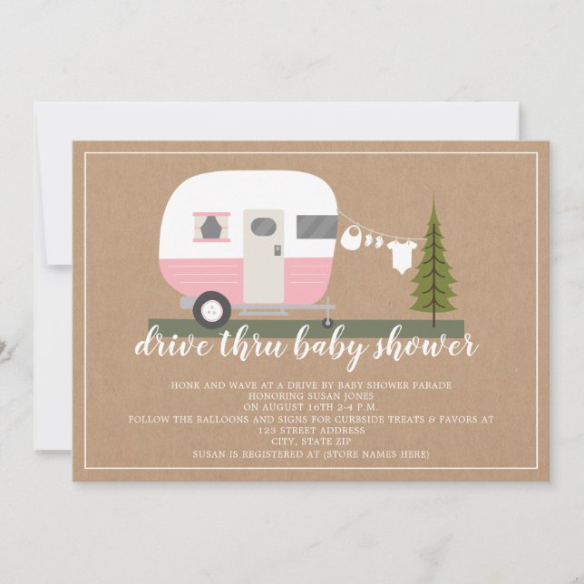 Invitation Drive À Travers Baby shower Pink Camper Woodland (Devant)