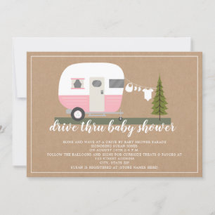 Invitation Drive À Travers Baby shower Pink Camper Woodland