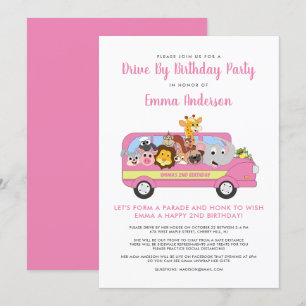 Invitation Drive By Animal Safari Cute Girl's Birthday Party