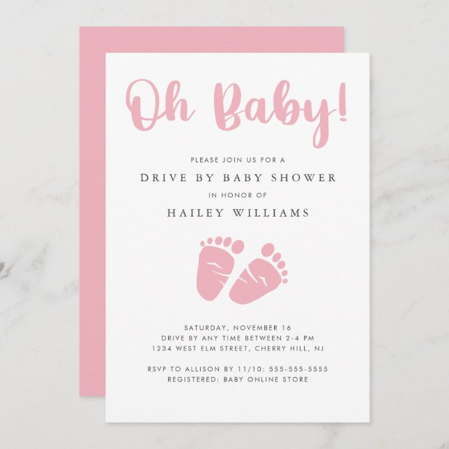 Invitation Drive By Baby Girl Douche | Oh Baby Baby Feet Rose (Devant / Derrière)