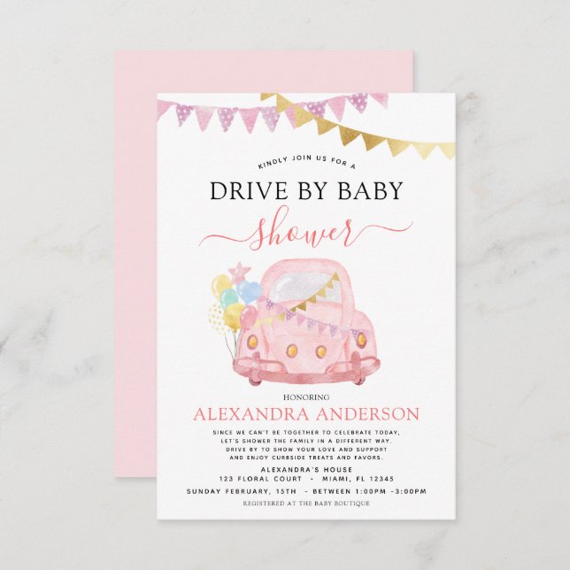Invitation Drive By Baby shower Blush Pink Gold Foil (Devant / Derrière)
