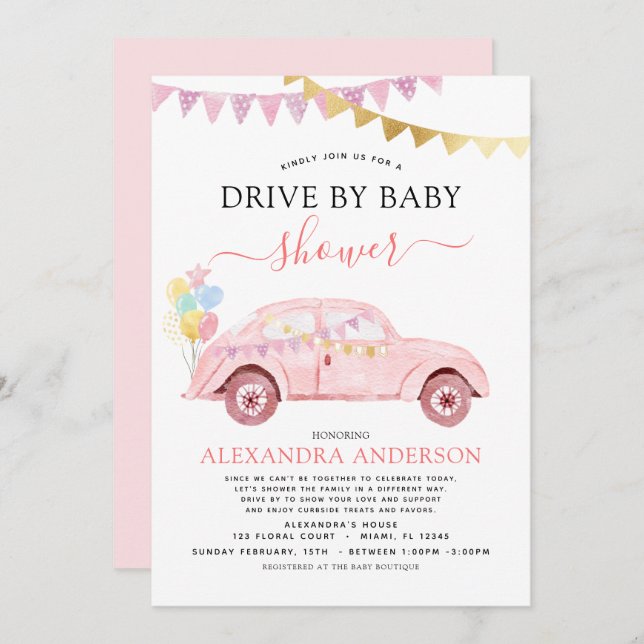 Invitation Drive By Baby shower Blush Pink Gold Foil (Devant / Derrière)