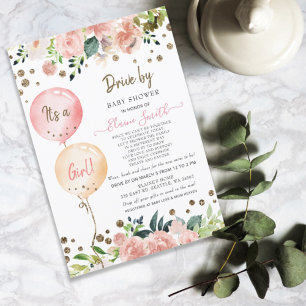 Invitation Drive by Balloons Pink Floral Girl Baby Shower