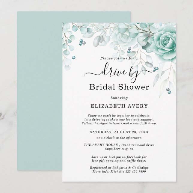 Invitation Drive By Fête des mariées Turquoise et sauge green (Devant / Derrière)