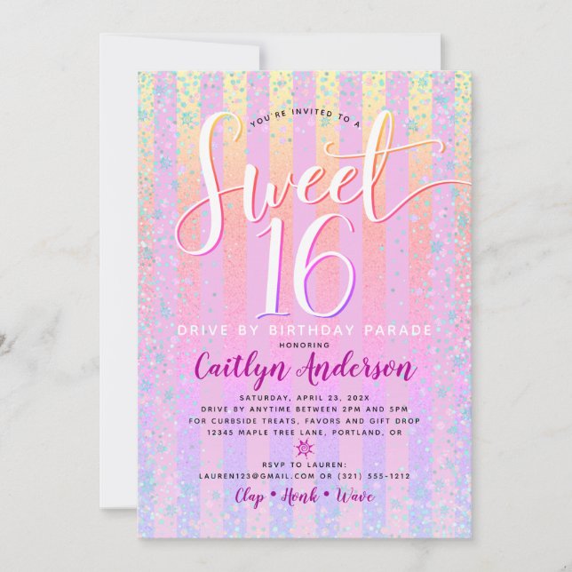 Invitation Drive By Sweet 16 Birthday Girly Rainbow Ombre (Devant)