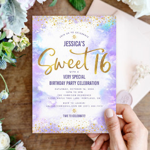 Invitation Drive By Sweet 16 Purple Aquarelle Or Anniversaire